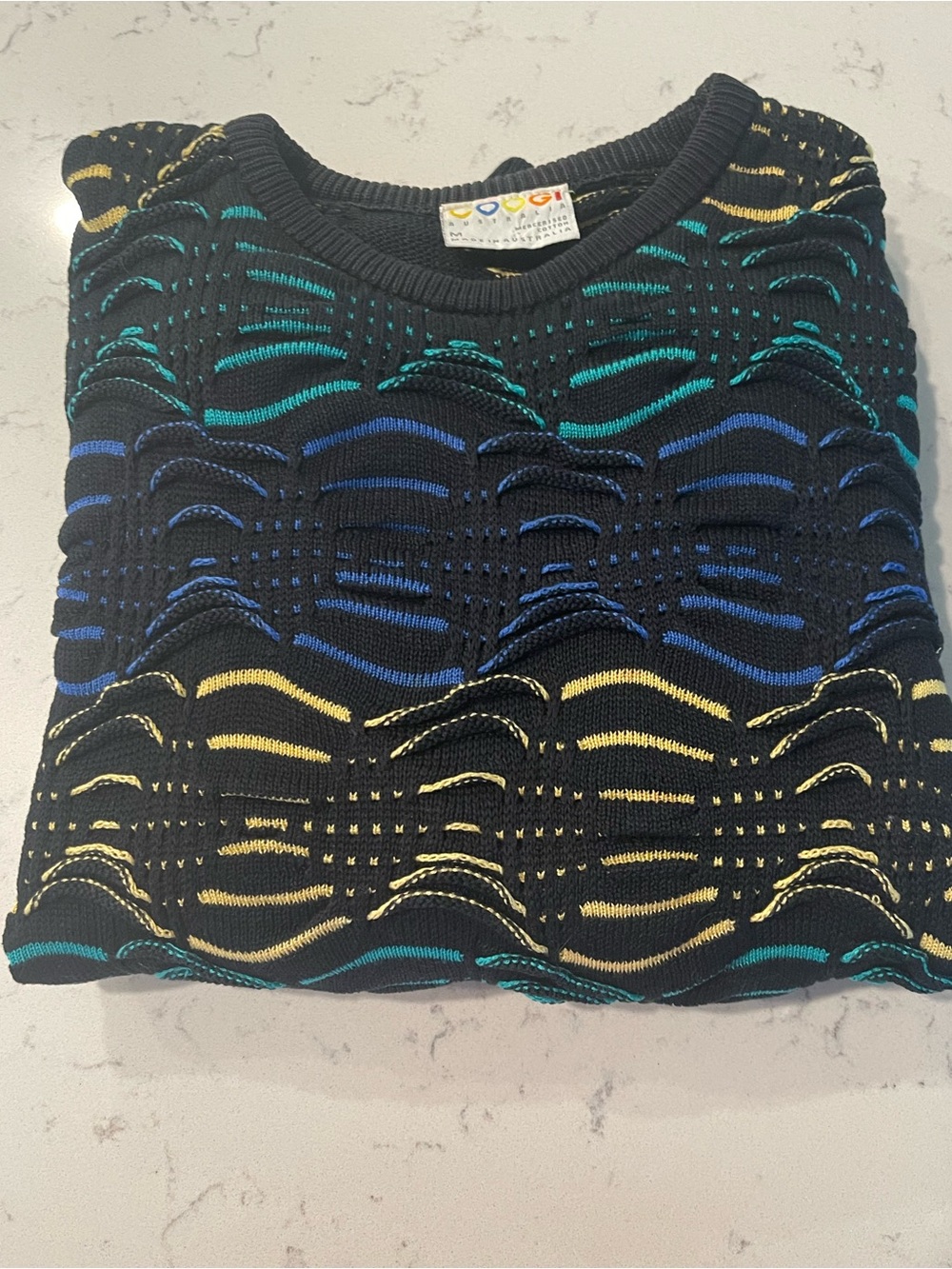 COOGI Black Knit Sweater with Teal, Yellow & Blue Accents